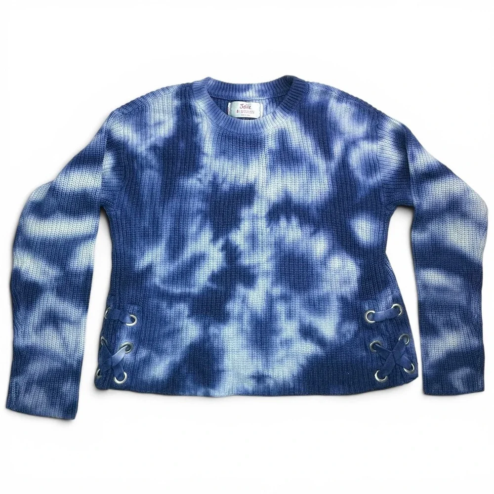 Justice Blue Tie Dye Knit Sweater Girls Size 8 Lace Up Side Detail Pullover